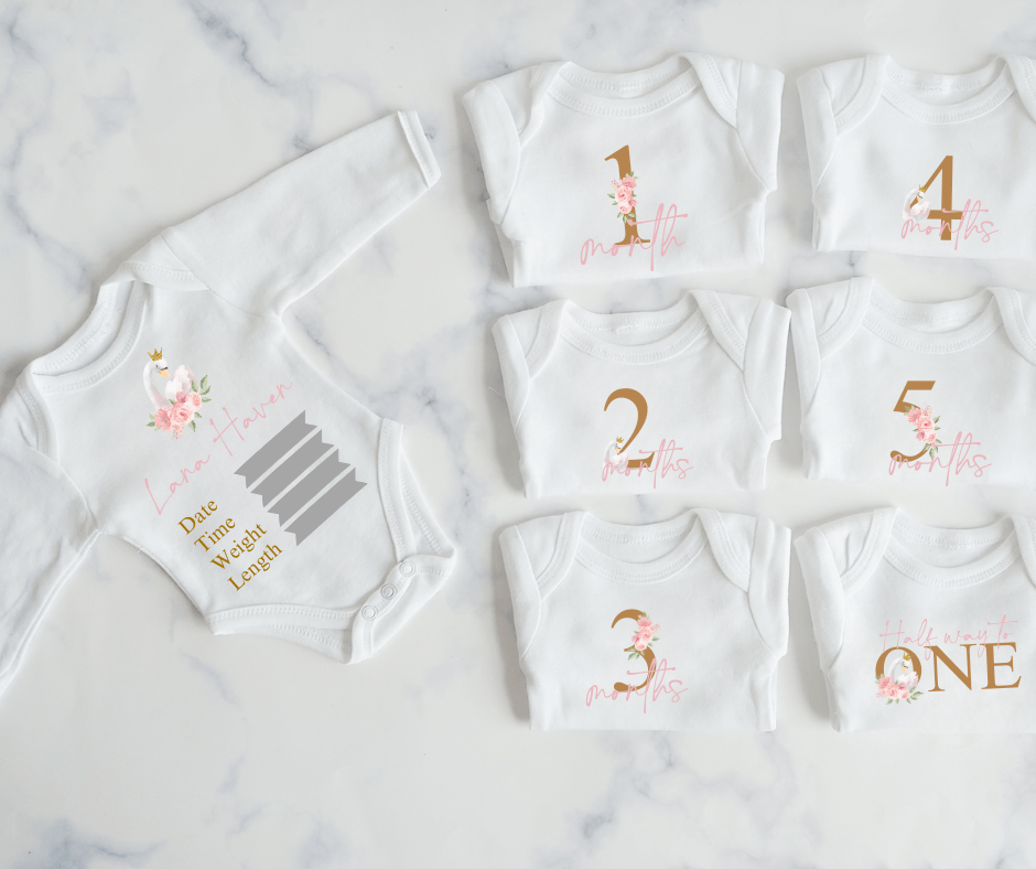 Floral Swan Monthly Milestone Onesie Set