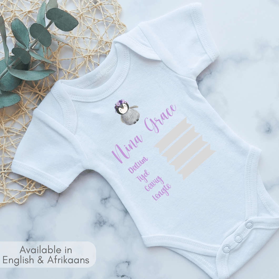 Purple Penguin Birth Announcement Onesie